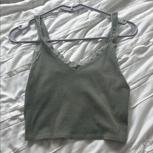 american eagle Green Ribbed Lace Trim Tank Top